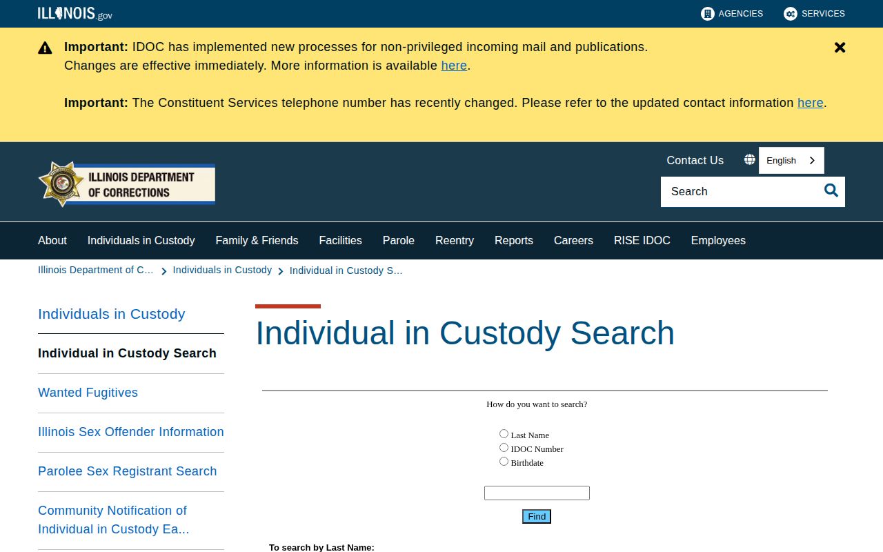 Illinois Department of Corrections Individual in Custody Search entry page