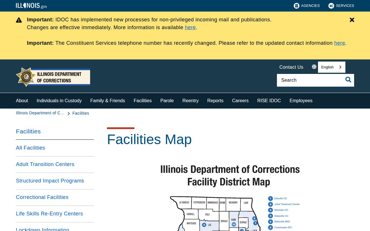 IDOC facilities map for Lincoln Correctional Center transfer checks