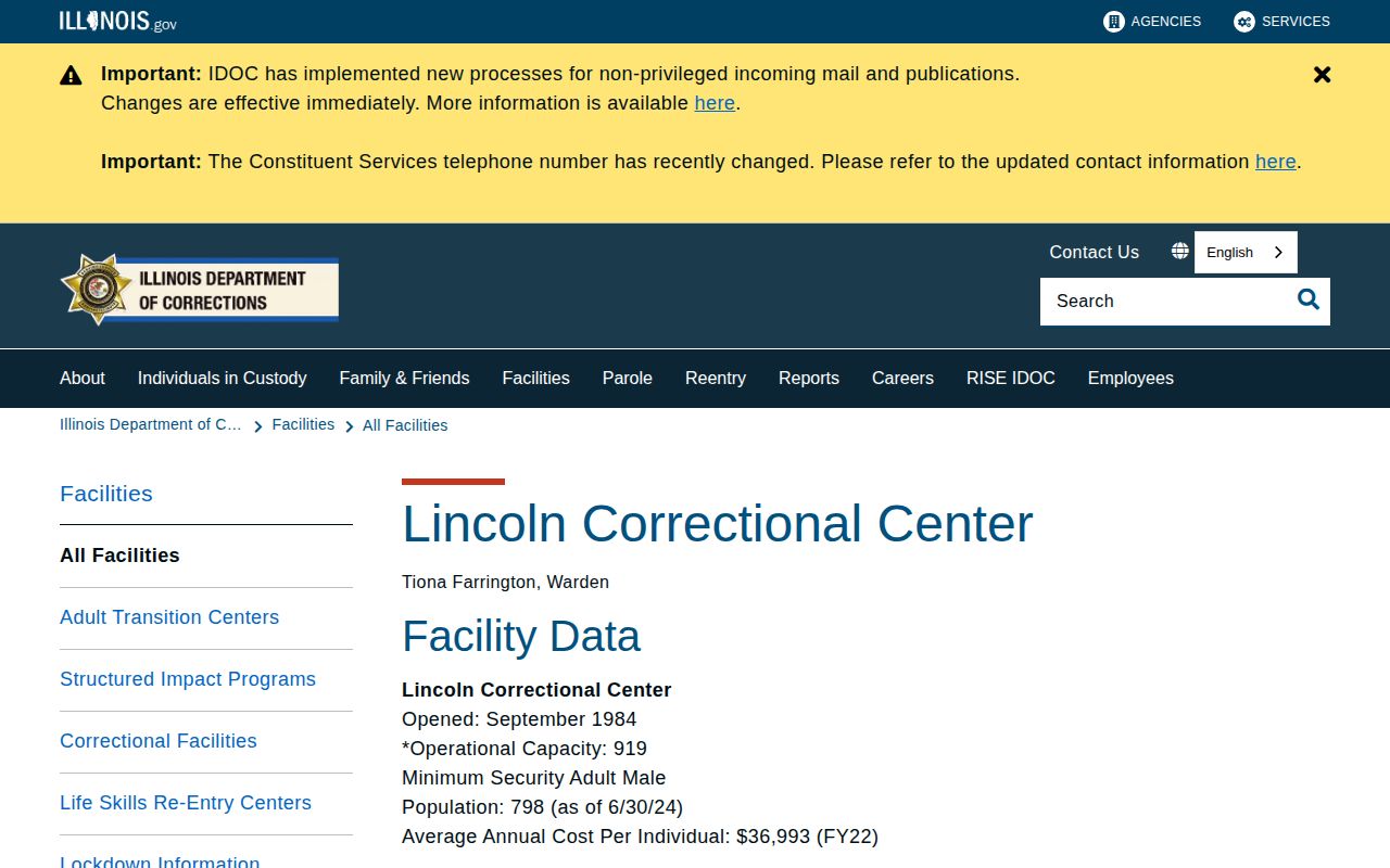 Lincoln Correctional Center official IDOC release information