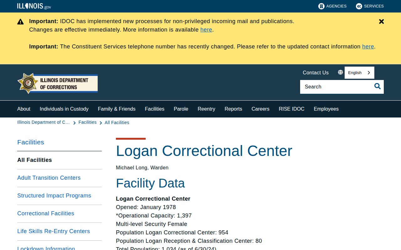 Official Illinois Department of Corrections page for Logan Correctional Center