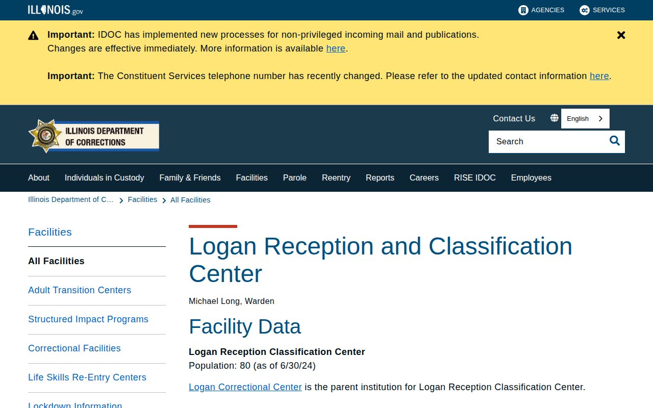 Official IDOC page for Logan Reception and Classification Center
